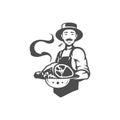 Male butcher fresh cooked hot meat piece organic farm market food production vintage icon vector