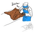 Male butcher working with big pork vector illustration sketch do