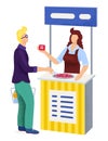 Male buyer character hold food basket in supermarket talk with female seller promo action cartoon vector illustration