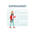 Male Buyer Shopping at Supermarket with Basket, Daily Grocery Purchase Vector Illustration