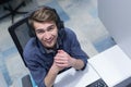 Male call centre operator doing his job top view Royalty Free Stock Photo