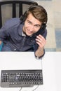 Male call centre operator doing his job top view Royalty Free Stock Photo