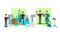 Male Cameraman Filming Movie with Actor Wearing Costume Vector Illustration Set