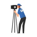 Male Cameraman Shooting with Video Camera on Tripod, Television Industry Concept Cartoon Style Vector Illustration