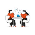 Male candidate and female HR manager talking at job interview vector flat illustration