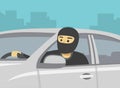 Male car thief is looking through an open window. Character looks out a front window. Royalty Free Stock Photo