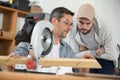male carpenter training apprentice workshop Royalty Free Stock Photo