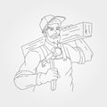 Male carpenter on woodworking line art vector symbol illustration design, carpenter hold hammer and wood beam illustration