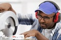 male carpenter working with circular saw Royalty Free Stock Photo