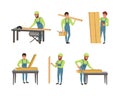 Male carpenters in overalls sawing, grinding and screwing wood planks. Woodworking carpentry service cartoon vector