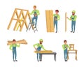Male carpenters in overalls working in workshop. Woodworking carpentry service cartoon vector illustration