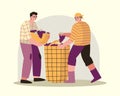 Male carry basket with berries, man sorting grapes. Cartoon characters making wine