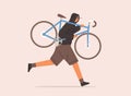 Male carrying broken bike to repair service vector flat illustration. Criminal guy in cap running with raising up