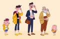 Male cartoon characters of different ages: kid, boy, teenager, adult, old man. Colored vector illustration Royalty Free Stock Photo