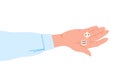 Male cartoon hand in a shirt holding playing dice on the palm, top view. Board games concept. Vector isolated flat