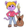 Male cat musician holding guitar to play song, doodle icon image kawaii