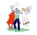 Male Character with Angel and Devil Behind of his Shoulders Whispering in Ear, Man Having Moral Dilemma Make Decision Royalty Free Stock Photo