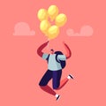 Male Character with Backpack Flying on Air Balloon in Air. Escape from Golden Cage. Man Career Growth or Crisis Escaping Royalty Free Stock Photo