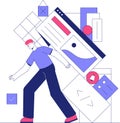 Male Character Balancing Web Design Elements In Flat Vector Illustration Symbolizing Workflow, Project Management, And
