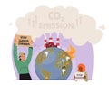 Male Character With Banner Call To Stop Climate Change. Man Protests Against Co2 Emissions, Vector Illustration