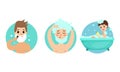 Male Character Bathing in Bathtub and Shaving Vector Illustration Set