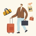 Male Character with Briefcase and Luggage in Hands. Businessman Trip or Tourist go on Summer Time Vacation with Baggage