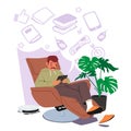 Male Character Browses His Tablet, Selecting Books Or Household Items With Ease, Enjoying The Convenience Of Online
