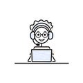 male character working in a call center black outline pencil drawing simple vector illustration Royalty Free Stock Photo