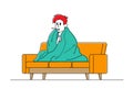 Male Character Caught Flu Concept. Unhappy Sick Man Sitting on Sofa Wrapped to Plaid Having Fever Measuring Temperature