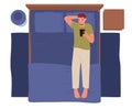 Male Character with Cellphone in Hands Lying in Bed Top View. Mobile Phone Communication Concept. Man with Gadget