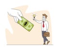 Male Character Changing Glowing Light Bulb on Money Bill in Huge Human Hand. Businessman Sell Idea, Insight, Investment