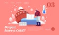 Male Character with Cold Allergy Symptoms Sneezing Landing Page Template. Sick Person Illness with Cough and Sneeze