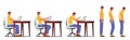 Male Character Correct and Wrong Sitting Position during Working at Computer. Man Sit at Table With Monitor Royalty Free Stock Photo