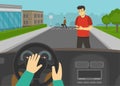 Male character crossing the road while using mobile phone in front of a car. Car driver is honking horn to pedestrian. Inside view