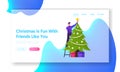 Male Character Decorating Spruce Website Landing Page. Young Cheerful Man Stand on Ladder Put Star on Top of Christmas