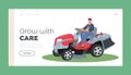 Male Character Driving Lawn Mower Machine Landing Page Template. Man Gardener or Worker Cutting and Trimming Grass Royalty Free Stock Photo