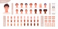 Male character face construction. Man avatar creation kit. Generator, constructor of diverse hairstyles, skin, eyes