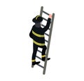 Male character fireman training climb ladder, professional firefighter in full suit isolated on white, isometric vector