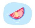 Male Character Floating on Inflatable Mattress in Shape of Watermelon Piece Enjoying Summer Time Vacation