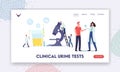Male Character Give Urine Test in Clinical Laboratory Landing Page Template. Tiny Doctors at Huge Microscope