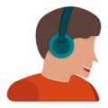 Male character in headset, cheerfully man listen music, podcast and playing games, flat vector illustration, isolated in white Royalty Free Stock Photo