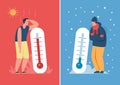 Male character in hot and cold weather with outdoor thermometer. Person sweating or freezing, summer vs winter season Royalty Free Stock Photo