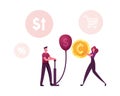 Male Character Inflate Balloon with Dollar Sign Using Pump. Economy Problem or Financial Crisis, Recession
