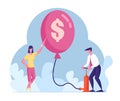 Male Character Inflate Balloon with Dollar Sign Using Pump, Woman Holding Needle to Pierce. Economy Problem