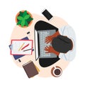 Male Character with Laptop, Coffee and Working Tools Top View. Freelancer, Worker or Student Sitting on Floor