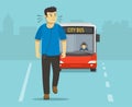 Male character listening to loud music while walking the road. City bus about to hit the young man.