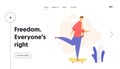 Male Character on Longboard Landing Page. Young Man Riding Skateboard. Outdoor Sport Leisure Skateboarding Concept