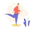 Male Character on Longboard. Young Man Riding Skateboard. Outdoor Sport Leisure Skateboarding Concept Royalty Free Stock Photo