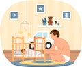 Male character looking at his little son in cradle. Guy in underpants near his sleeping in bed child