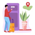 Male character with luggage near hostel door and geo mark, concept and vector illustration on white background. Hostel